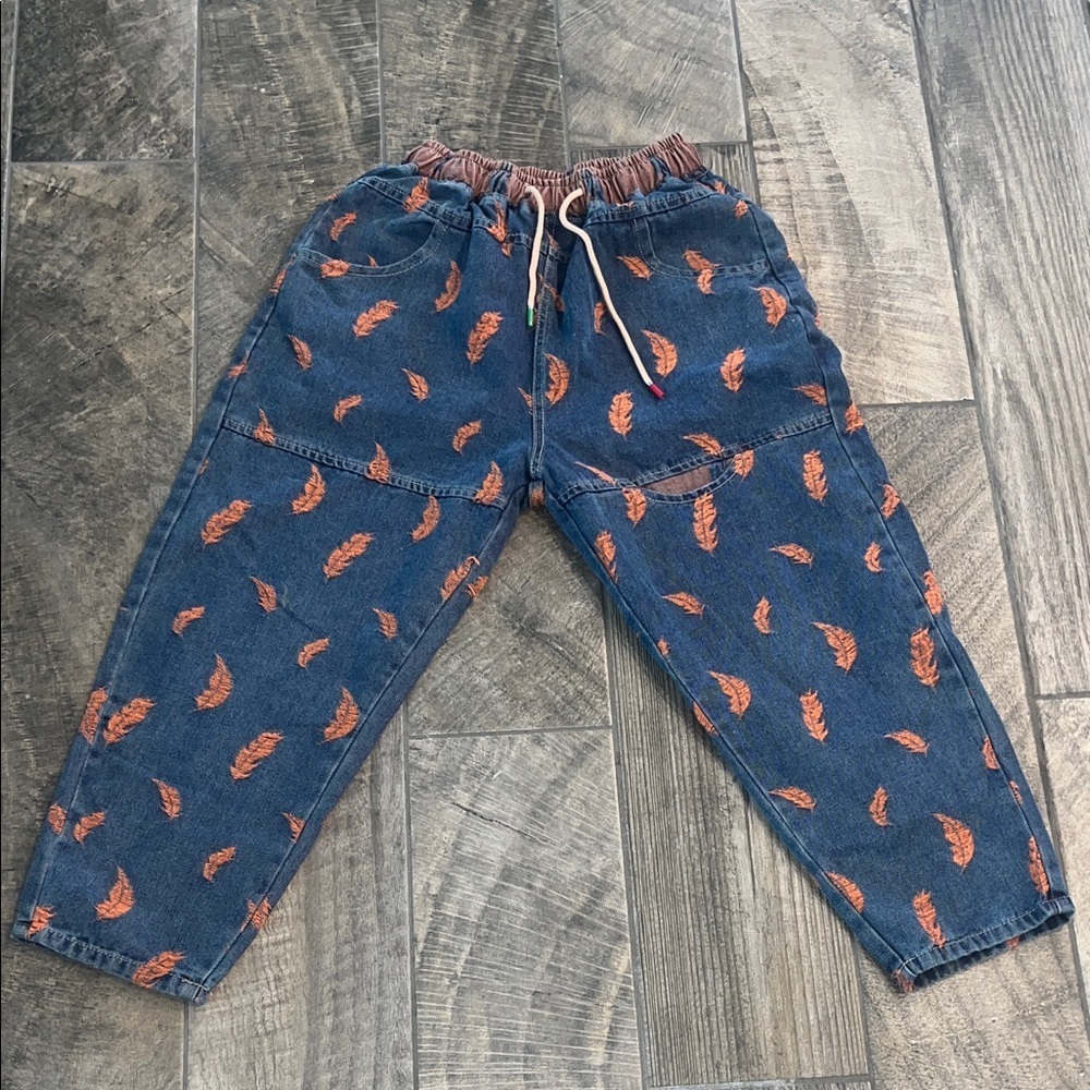 Blue jean orange Feather Print denim jeans